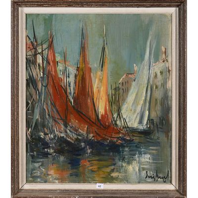 une peinture à l'huile représentant des voiliers dans un port par une journée ensoleillée