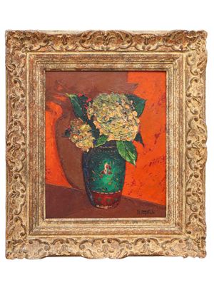 painting of a vase of flowers on a table with an orange background