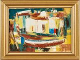 une peinture à l'huile représentant un bateau, dans un cadre jaune accroché au mur