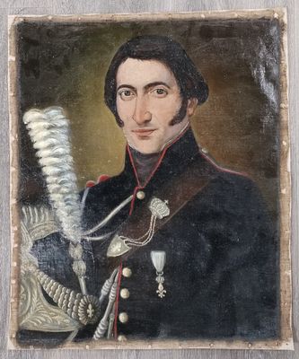 portrait of a man in a military uniform holding a feather