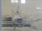 dessin représentant un bateau amarré dans un port, avec d'autres bateaux en arrière-plan