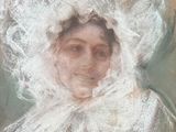 tableau représentant une femme portant un bonnet blanc et une robe blanche