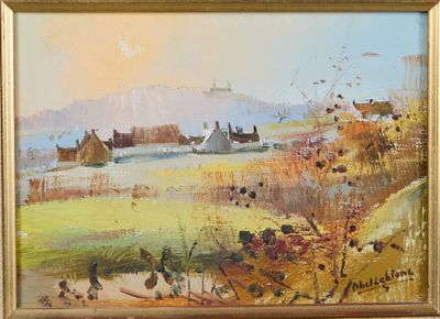 an oil painting of a farm scene with chickens in the foreground
