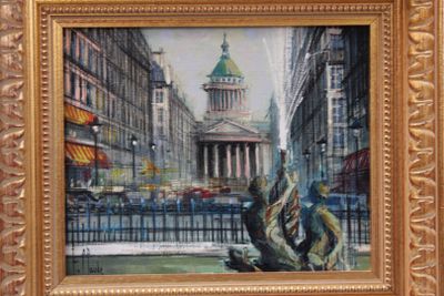 a picture of a painting of a city with a clock tower in the background