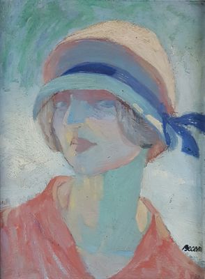 une peinture à l'huile représentant une femme portant un chapeau orné d'un ruban bleu