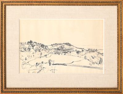 dessin représentant un paysage, dans un cadre doré, avec une montagne en arrière-plan