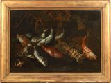 une peinture à l'huile représentant des poissons et des crabes sur un rebord près d'un arbre