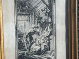 an old picture of a painting of a man and woman in a barn