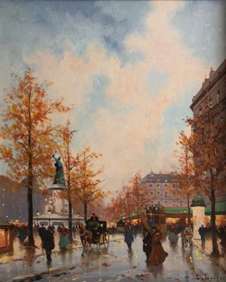 tableau représentant une scène de rue en ville avec des passants et des calèches