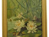 un tableau représentant des nénuphars dans un étang bordé de roseaux