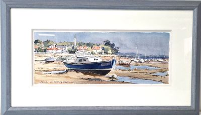 a picture of a painting of a boat on the beach