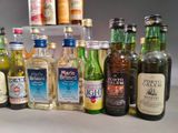 many bottles of alcohol lined up on a table