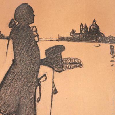 un dessin représentant une femme avec un chapeau et une canne