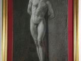 tableau représentant un nu masculin debout sur un piédestal, dans un cadre doré