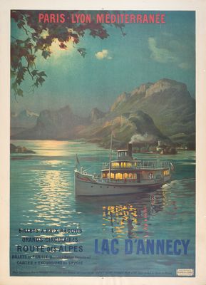 une vieille affiche représentant un bateau sur l'eau, avec des montagnes en arrière-plan