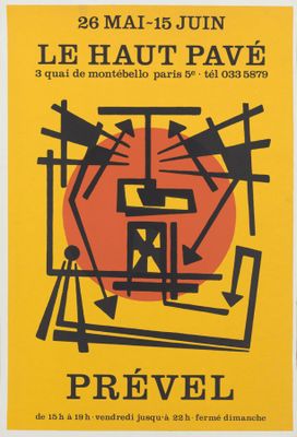 une affiche jaune ornée d'un motif noir et rouge