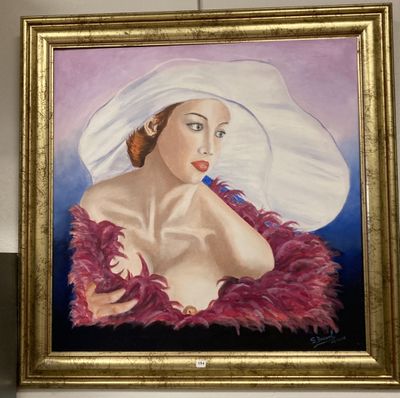 tableau représentant une femme portant un chapeau blanc orné de plumes roses