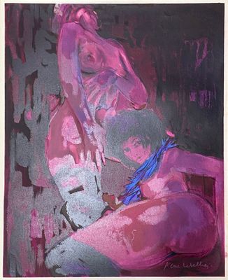 tableau représentant une femme assise sur une chaise, tenant un parapluie rose