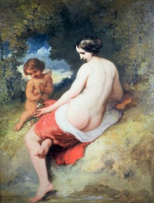 an image of a painting of a woman and a child sitting on a rock