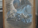 tableau représentant un homme portant un casque et tenant un volant