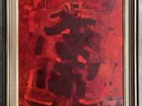 framed painting of a red and black abstract painting on a gray wall