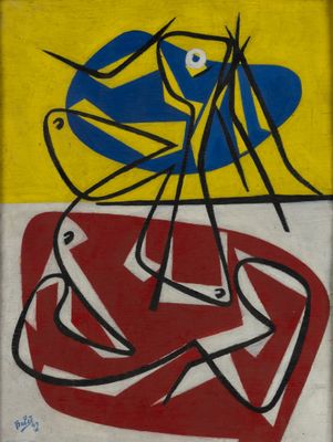 une image représentant un tableau sur lequel figurent un oiseau et un poisson sur un fond jaune et bleu