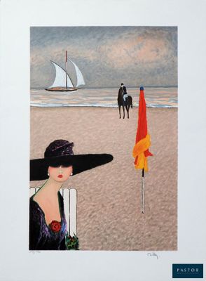 une image représentant un tableau où l'on voit une femme sur la plage, avec un voilier en arrière-plan