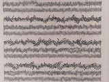 un dessin à l'encre représentant une partition musicale avec des lignes noires et blanches