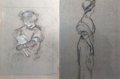 two drawings of a woman holding a baby in her arms and a drawing of a woman holding a baby in her arms
