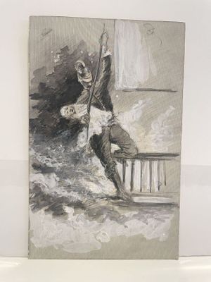 a drawing of a man riding a surfboard on a wave