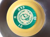 a close up of a yellow and green frisbee in a black bowl