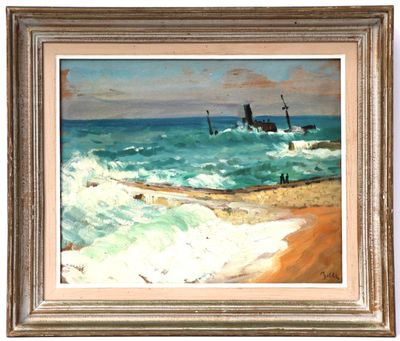 une peinture à l'huile représentant une scène de plage avec un bateau dans l'eau