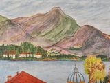 a painting of a view of a lake with a mountain in the background