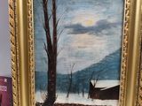 an image of a painting of a snowy landscape with a house in the distance