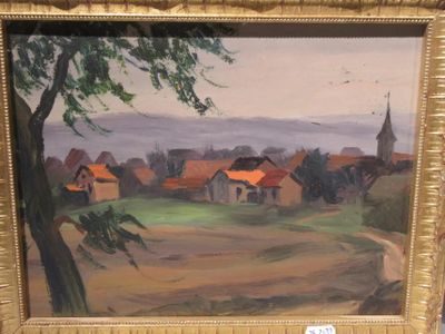 un tableau représentant un village avec une église en arrière-plan
