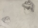 drawing of a woman and a child sitting on a couch