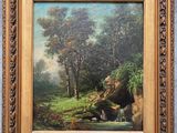 une peinture à l'huile représentant un paysage boisé avec un ruisseau et une cascade