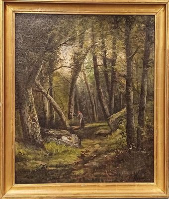 une peinture à l'huile représentant un homme se promenant dans une forêt avec un chien