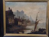 an image of a painting of a harbor scene with a boat in the foreground