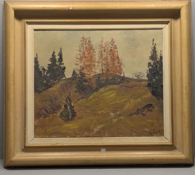 une image représentant un tableau de arbres sur une colline, dans un cadre doré