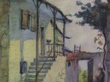 a painting of a man sitting on a bench in front of a building