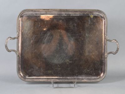 plateau rectangulaire en argent avec des poignées, posé sur un socle