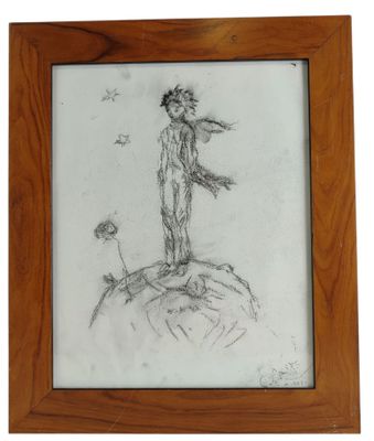 dessin représentant un homme debout au sommet d'une colline, une fleur à la main