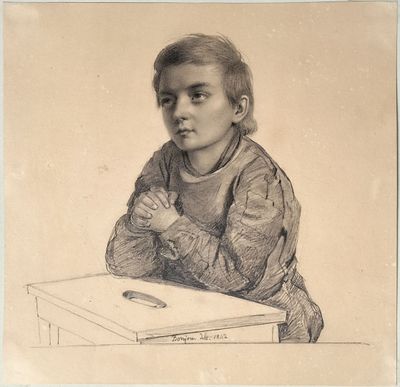 drawing of a young girl sitting at a table with her hands on her chest