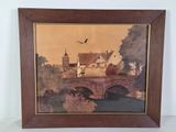 a picture of a painting of a bridge with a bird flying over it