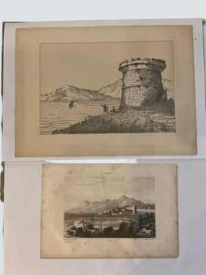 two old black and white photos of a castle on a hill