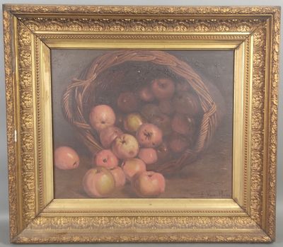 tableau représentant des pommes dans un panier en osier posé sur une table