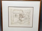 drawing of a house with a fence and a dog in the yard