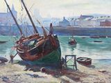 un tableau représentant un bateau sur la rive, au bord de l'eau
