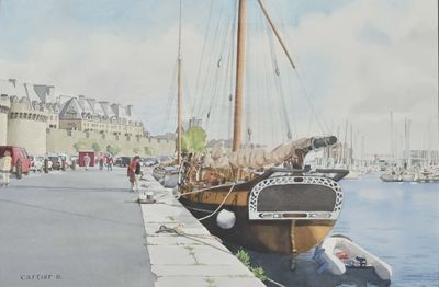 a painting of a boat docked in a harbor